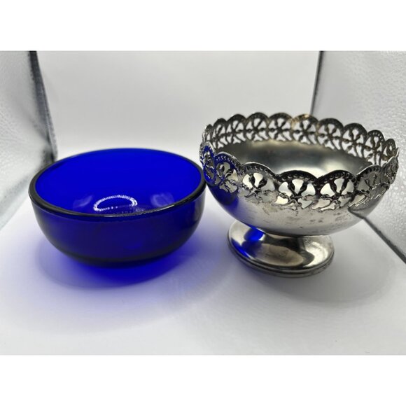 Celtic Quality Plate Cobalt Blue Bowl Silver Plate Pedestal Candy Trinket Dish - Picture 7 of 7